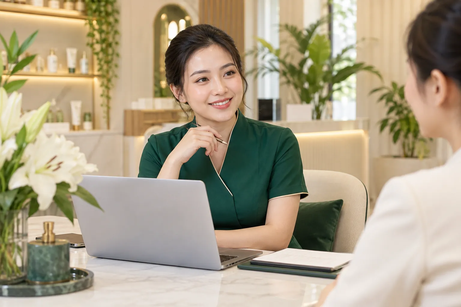 Chủ spa làm việc với máy tính tại không gian spa