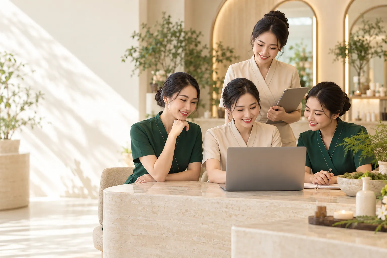 Đội ngũ spa cùng trao đổi công việc trên máy tính và máy tính bảng